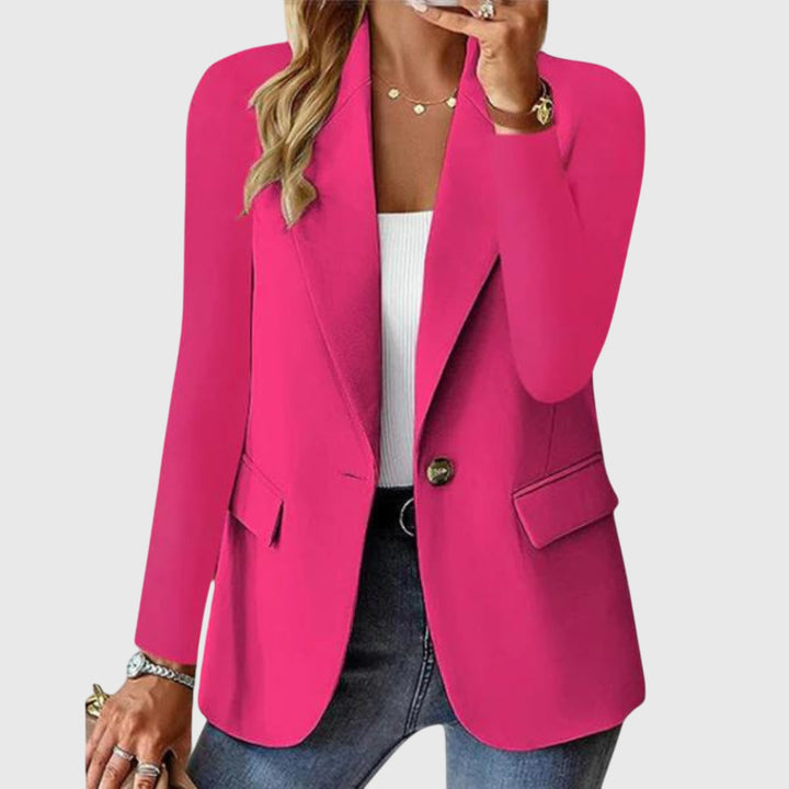 Chic beige women's tailored blazer, single-breasted with notch lapel. Versatile jacket for professional & smart casual looks.