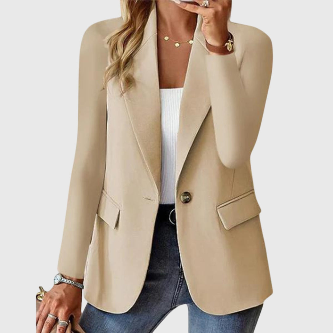 Fashionable pink women's notch-lapel blazer. Single-breasted tailored jacket, great for work, professional & smart casual.