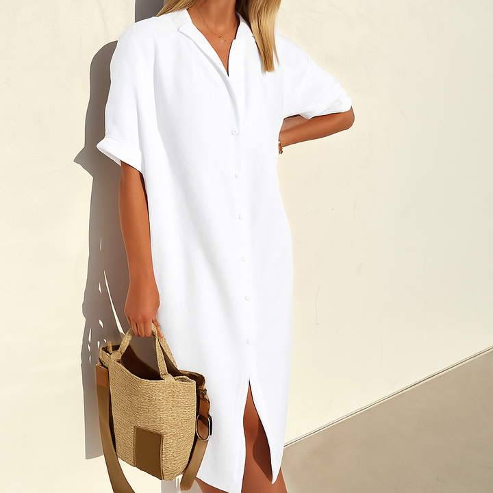 Women's classic button-down midi shirt dress, short sleeve, collared, perfect for summer casual wear.