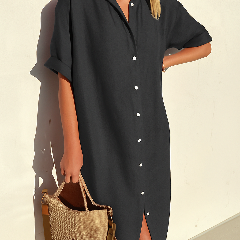 Versatile women's midi shirt dress, button-down front, relaxed fit, ideal for workwear or everyday style.