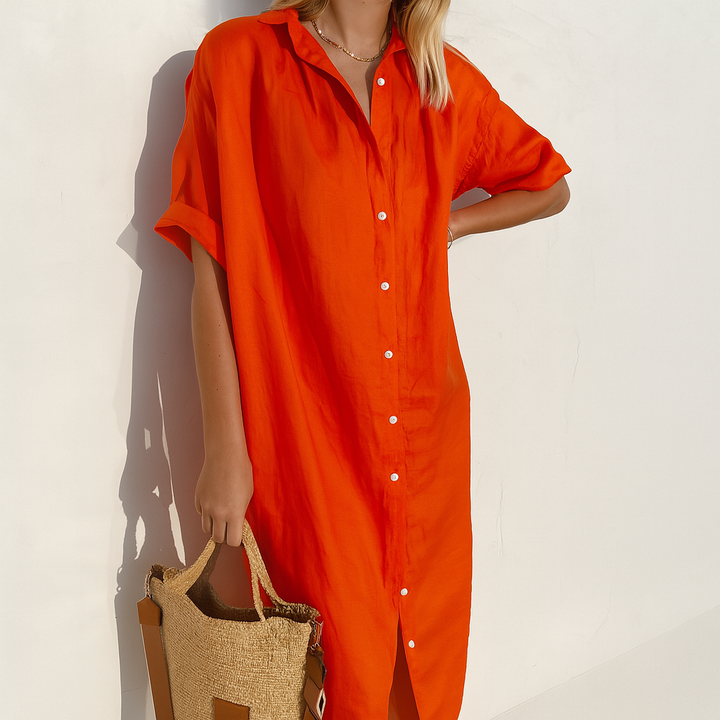 Elegant women's button-down midi shirt dress, perfect for summer, work, or casual outings. Versatile fashion.