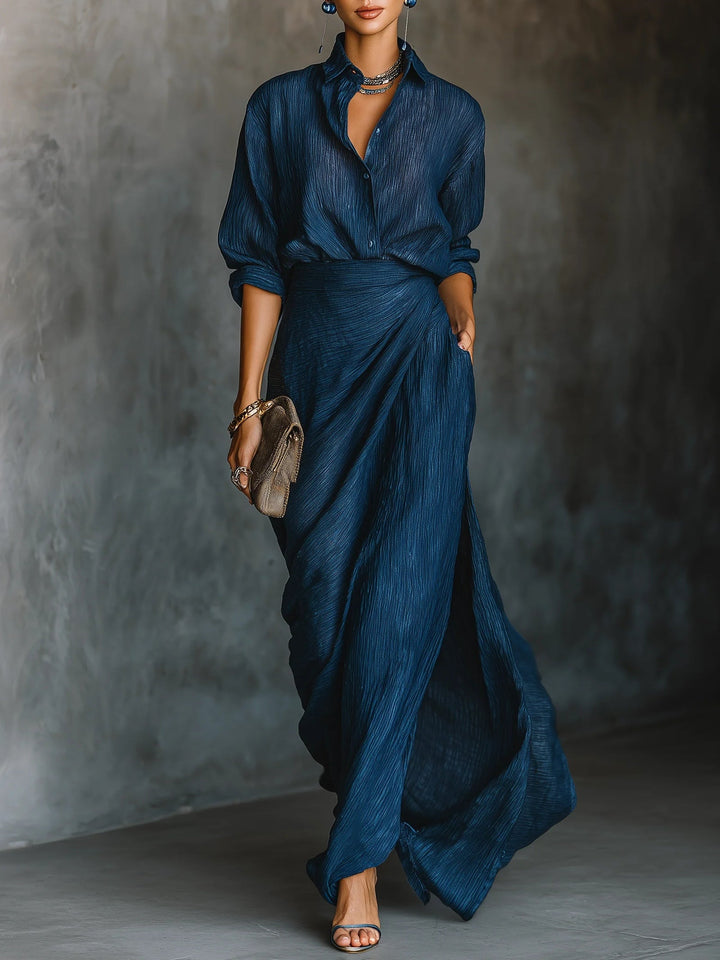 Women's classic dark blue collared shirt & long skirt matching set, perfect for versatile elegant wear.