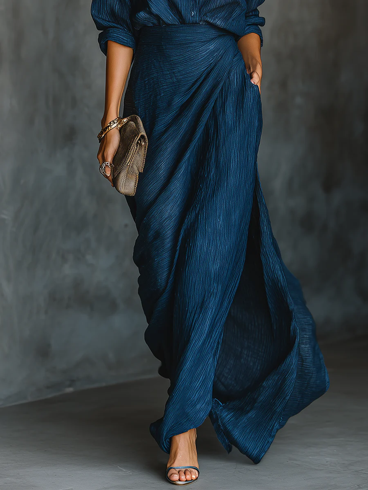 Dark blue women's classic skirt set. Elegant collared shirt & long skirt for versatile fashion apparel.
