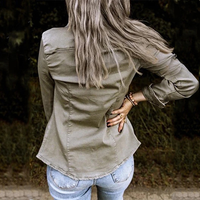 Stylish women's denim jacket for spring. Perfect transitional fashion, a versatile button-up ladies' jacket for everyday.