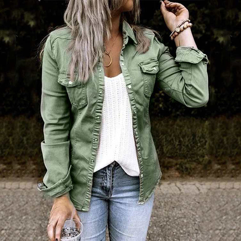 Classic women's denim jacket, a must-have spring essential. Features long sleeves & button-up closure for casual wear.