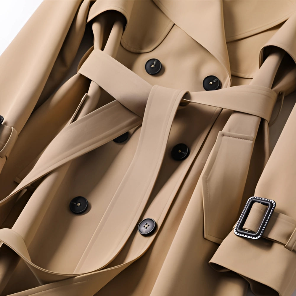 Versatile women's trench coat, perfect for spring or fall outerwear, ideal for elegant everyday wear.