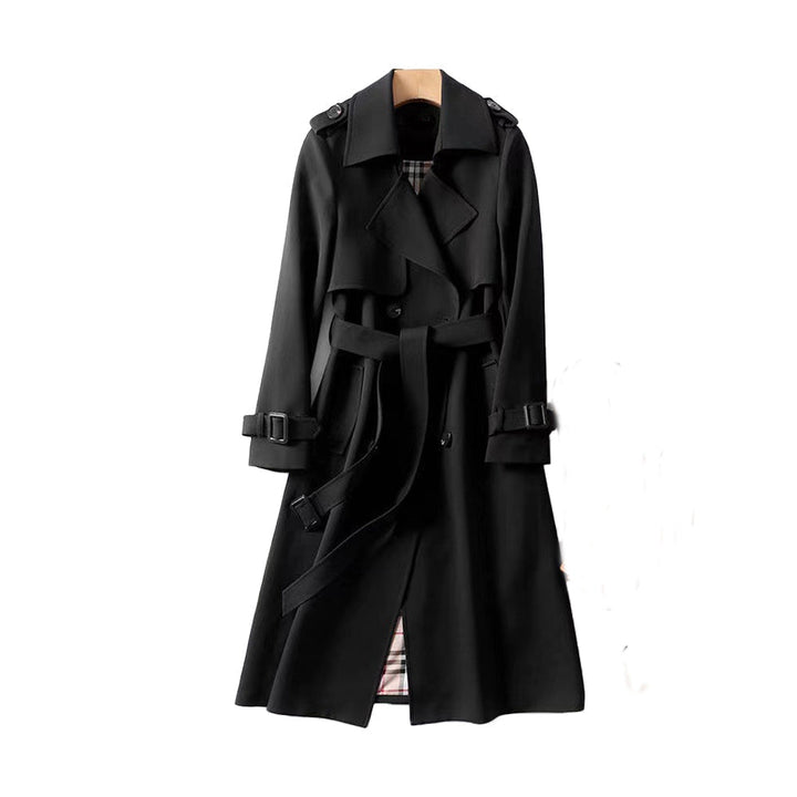 Elegant long trench coat for women, a stylish and classic double-breasted piece for ladies fashion.