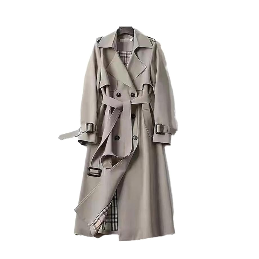 Ladies' long trench coat, a classic double-breasted style perfect for elegant, versatile spring outerwear.