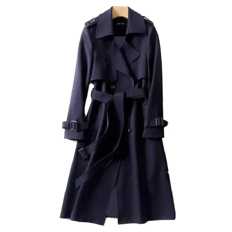 Elegant women's classic beige trench coat. Double-breasted design, tie-waist. Perfect long outerwear for women.