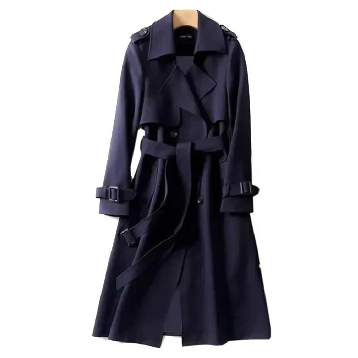 Elegant women's classic beige trench coat. Double-breasted design, tie-waist. Perfect long outerwear for women.
