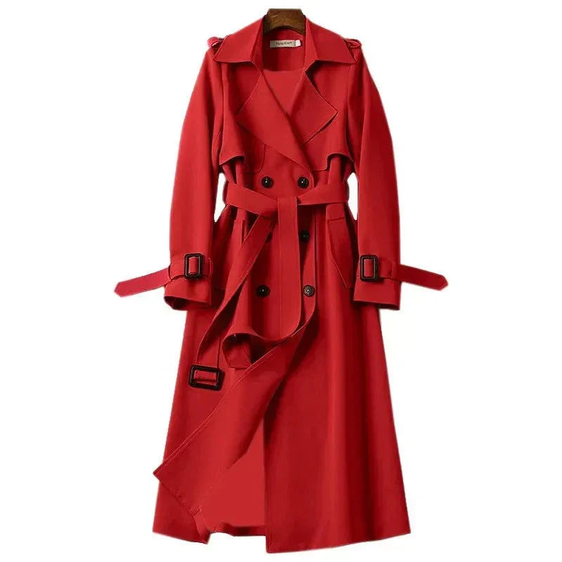 Stylish women's classic double-breasted trench coat. Tie-waist long outerwear, perfect for elegant women.