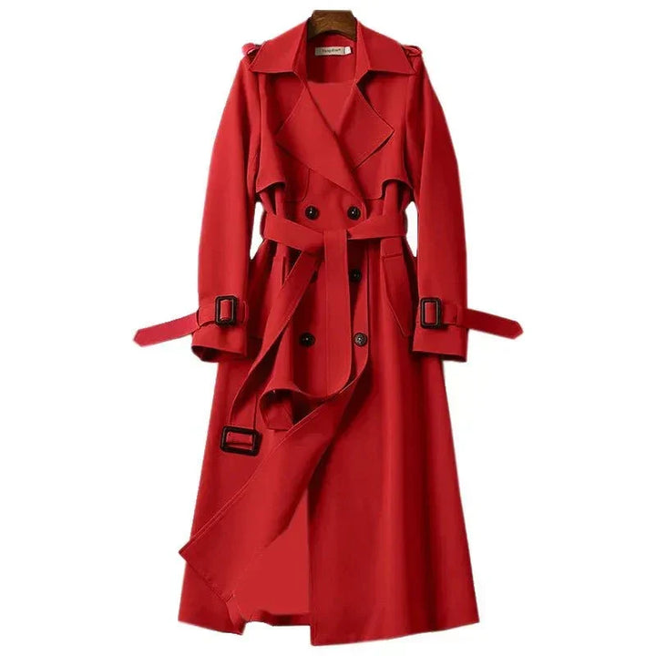 Stylish women's classic double-breasted trench coat. Tie-waist long outerwear, perfect for elegant women.