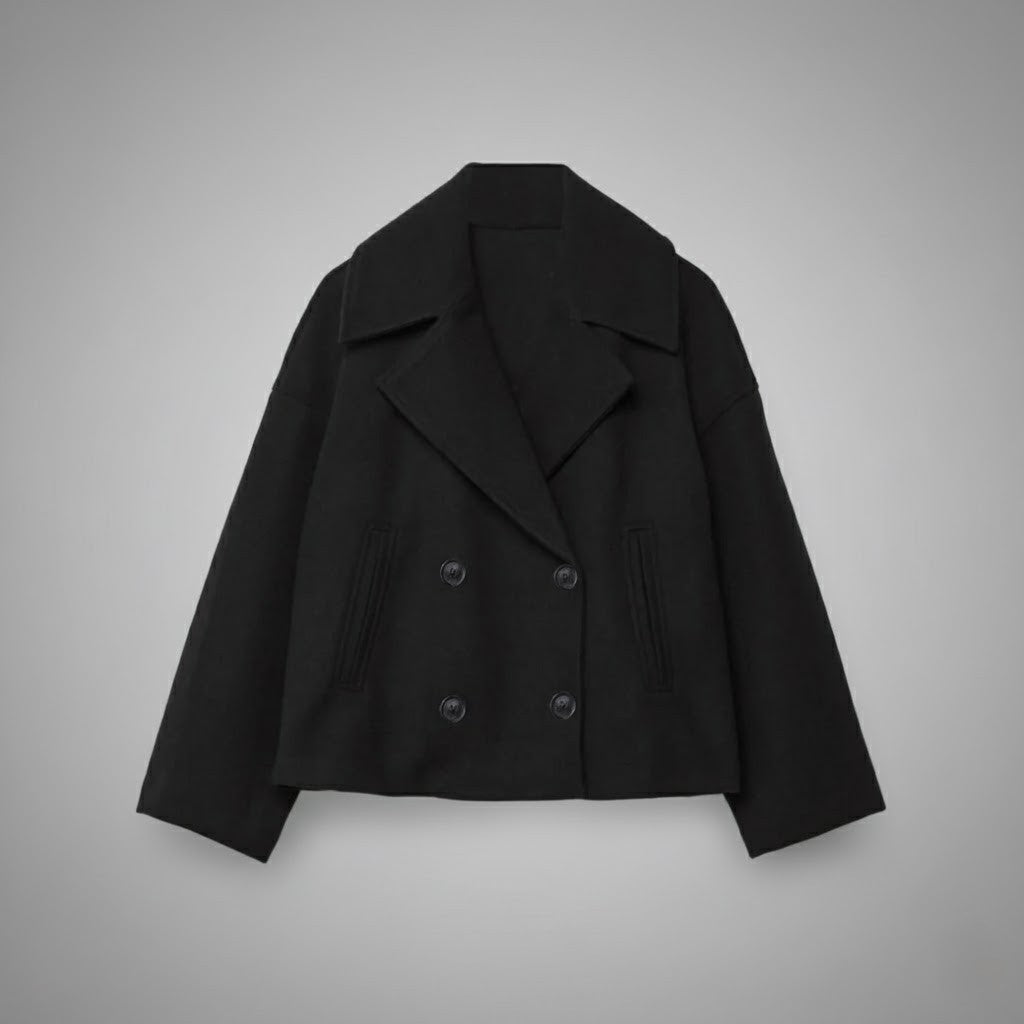 Fashionable women's short jacket, double-breasted with classic buttons for an elegant touch.