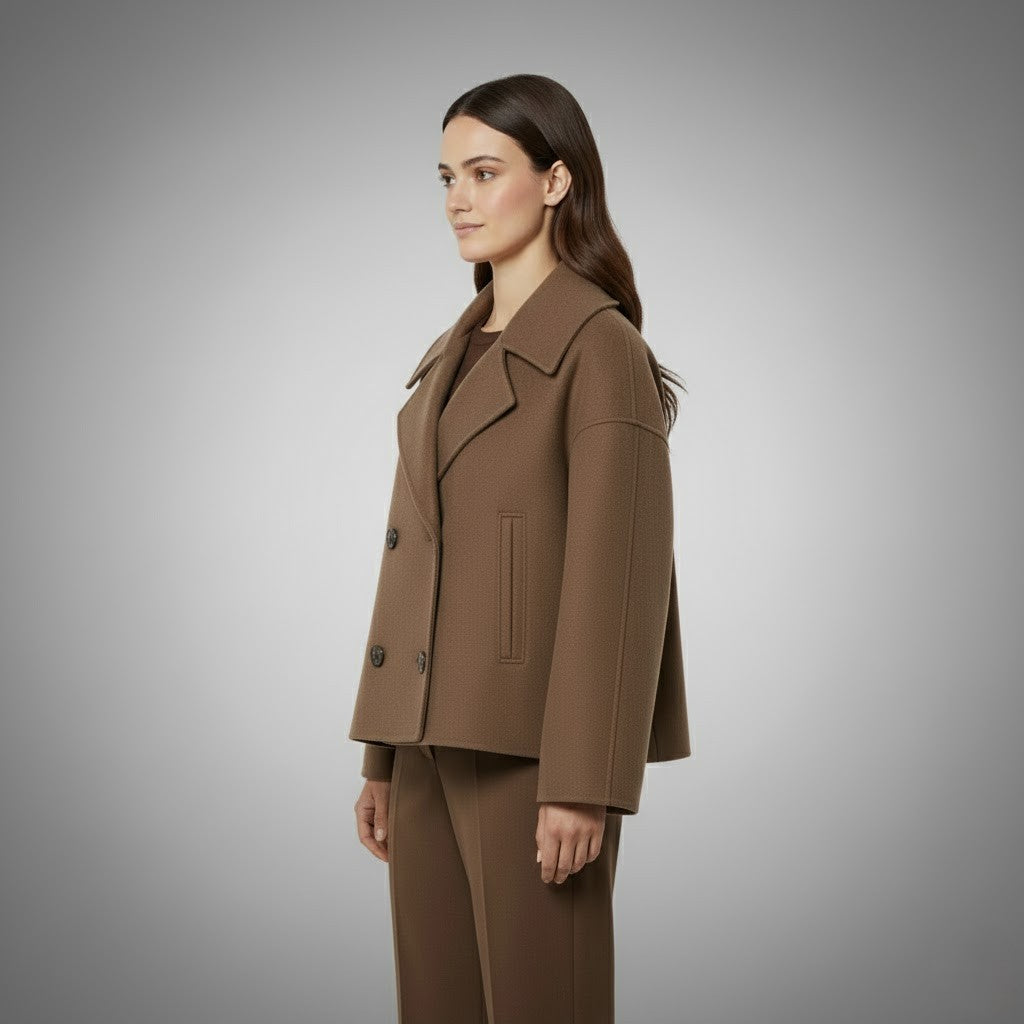 Classic women's short jacket, designed with a distinctive double-button front for timeless appeal.