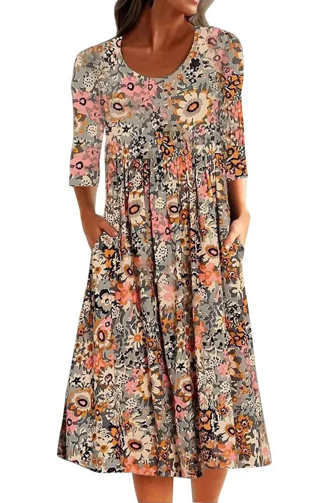 Elegant blue classic midi dress for women, featuring stylish button detail. Comfortable & versatile for everyday.
