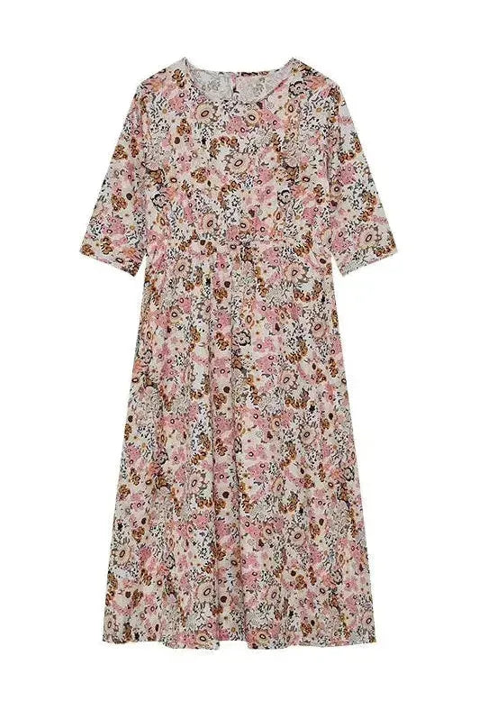 Women's floral midi dress with classic style & elegant buttons. Comfortable relaxed fit, available in plus sizes.