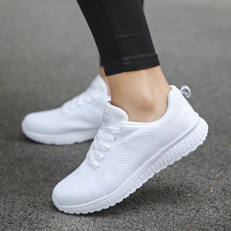 Rear view of women's support shoes for comfortable everyday walking and stability.