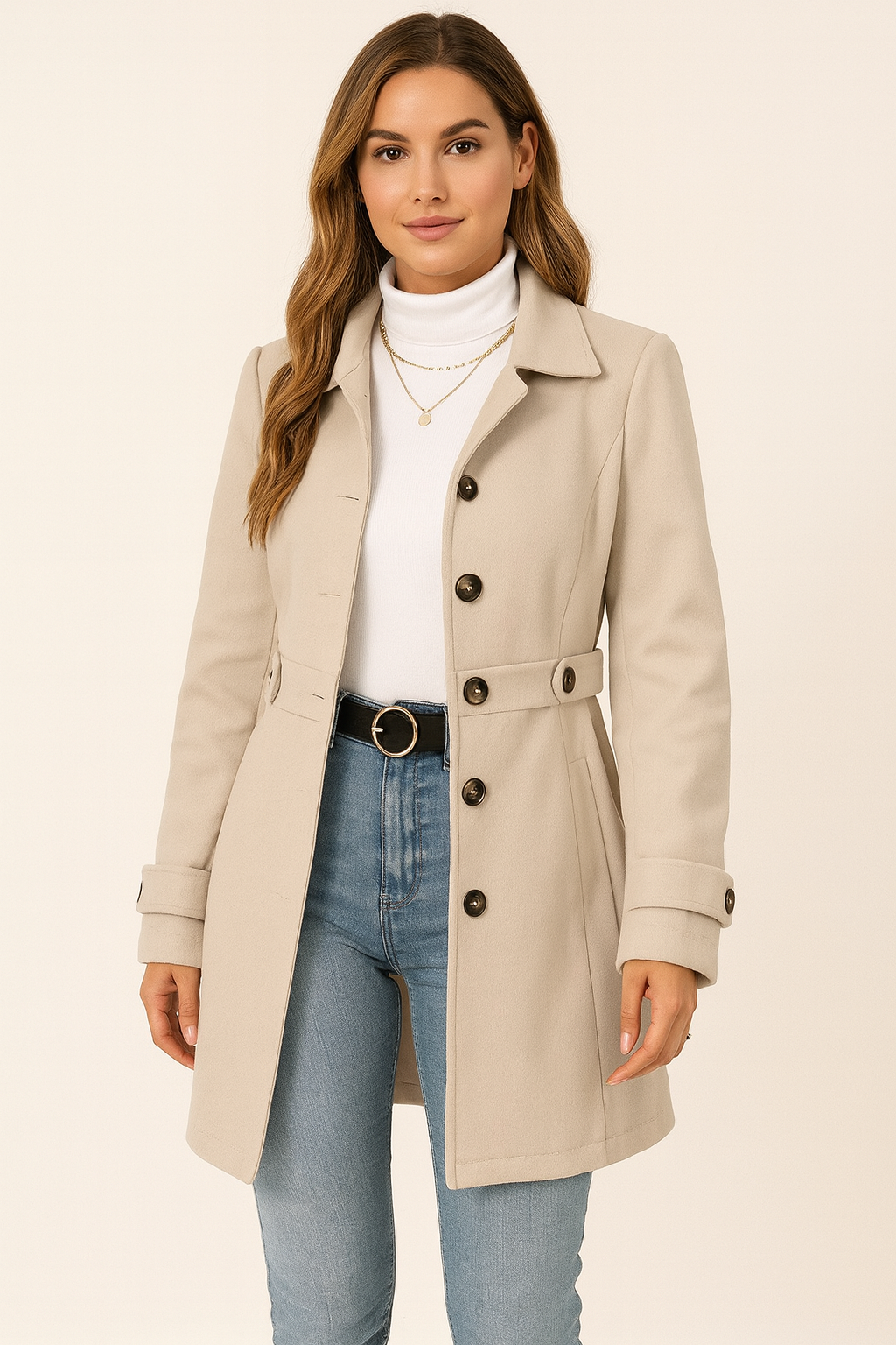 Women's classic trench coat with adjustable belt & notch collar, perfect for fall and spring fashion.