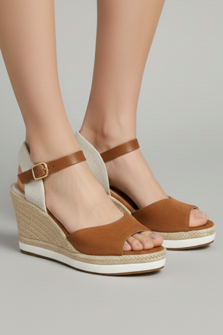 Stylish women's closed-toe espadrille sandals with buckle heel strap. Jute platform for summer fashion.