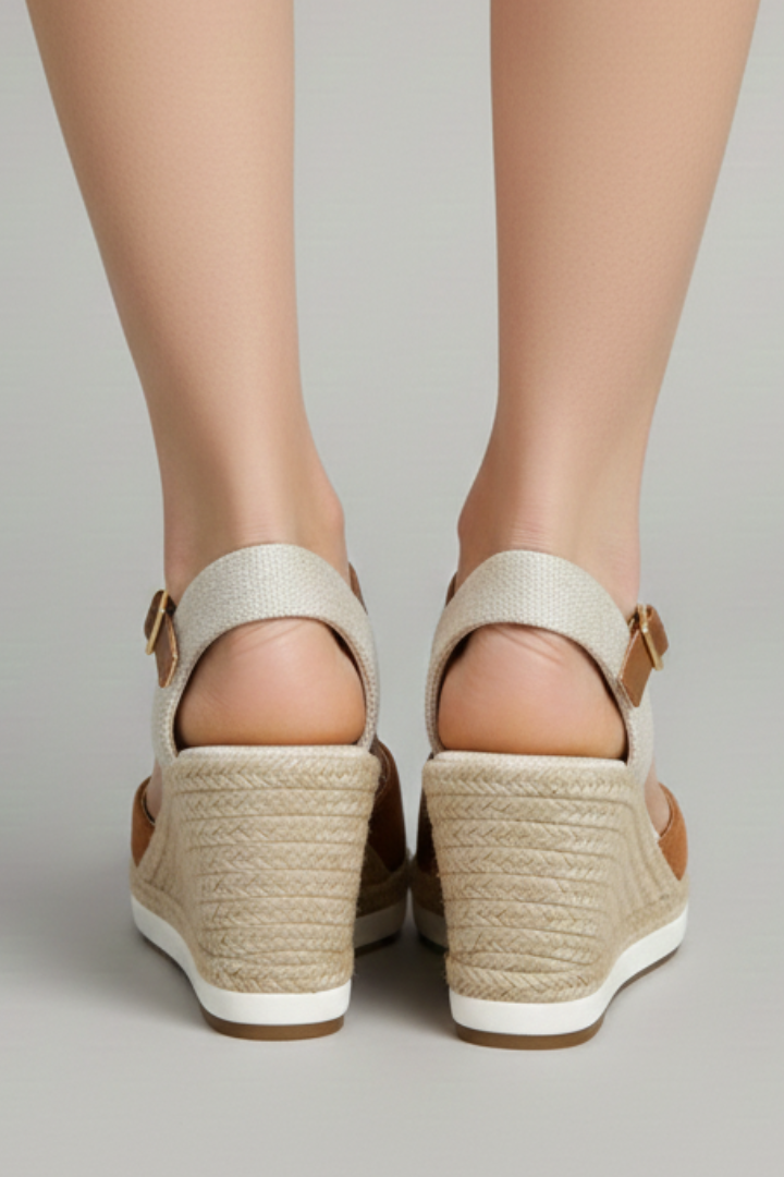 Womens closed-toe espadrille sandals with adjustable heel strap and woven jute platform for casual wear.