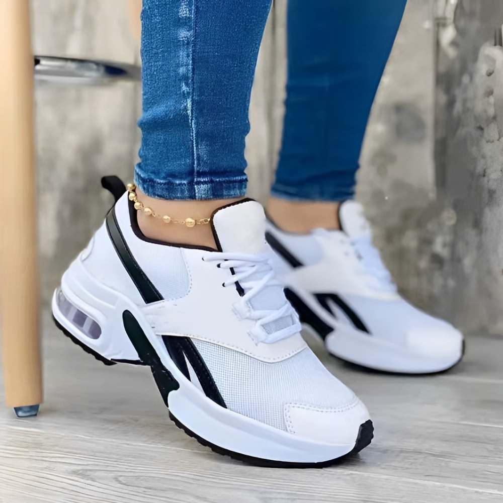 Women's Cloud-Comfort white athletic sneakers for walking and everyday wear, featuring a supportive platform sole.