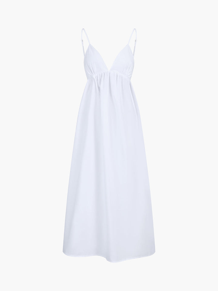 Women's flowing open back maxi dress, V-neck. Non-stretch for stylish summer beach & vacation wear.
