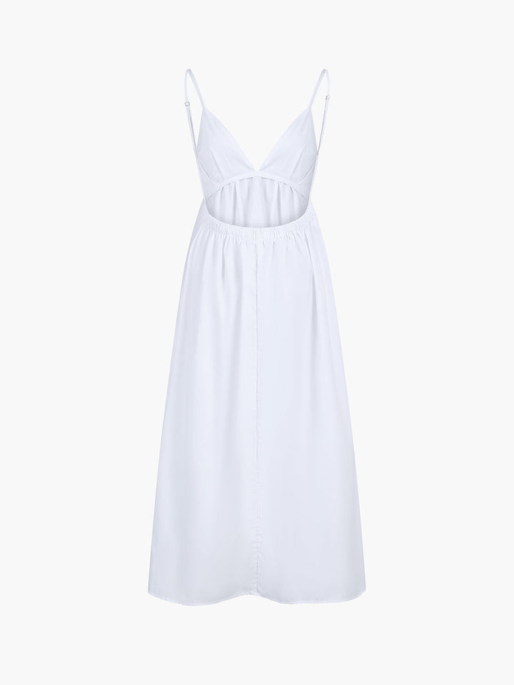 Summer style women's open back maxi dress. Elegant, sleeveless, V-neck vacation and beach outfit.