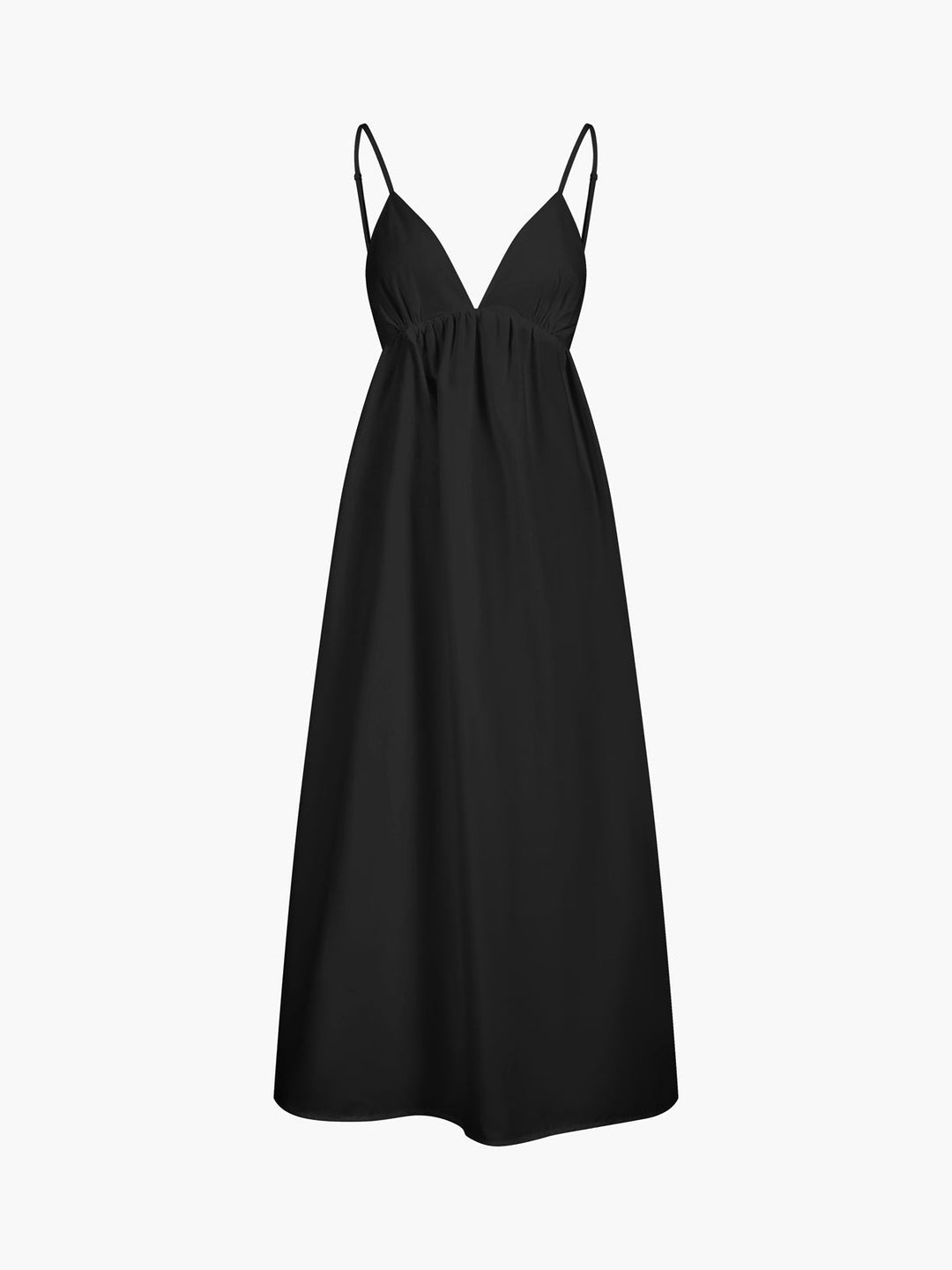 Solid color women's open back maxi dress. Flowing, sleeveless V-neck, comfortable summer beach wear.