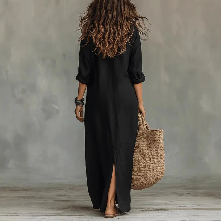 Versatile women's casual collared maxi dress featuring a button closure & elegant split hem for day to evening wear.