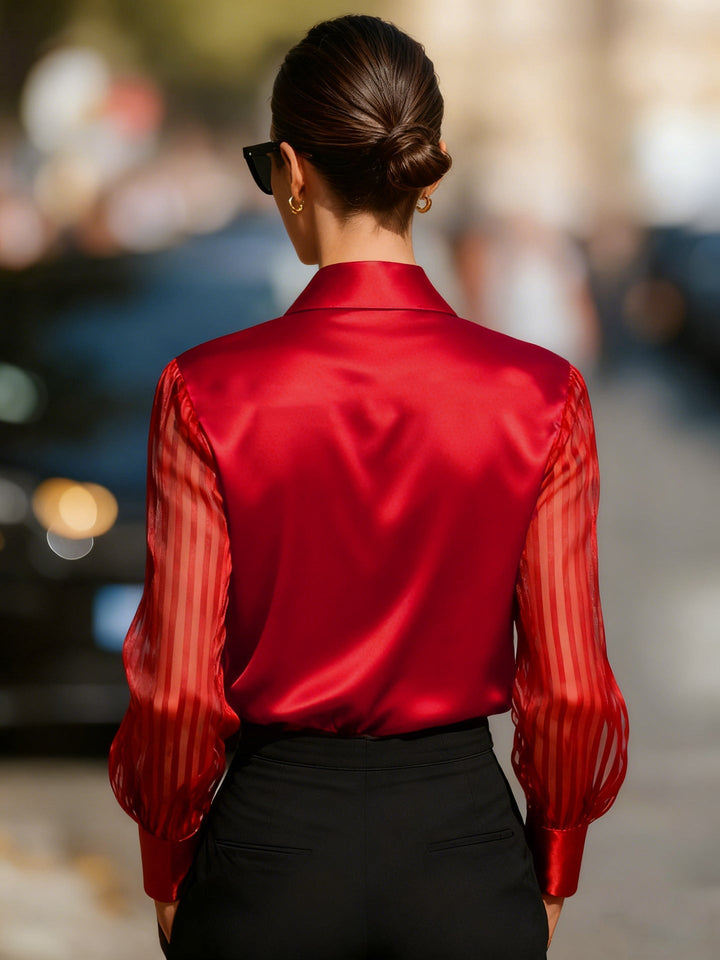 Fashionable women's long sleeve collared button-up blouse, showcasing delicate sheer sleeve details.