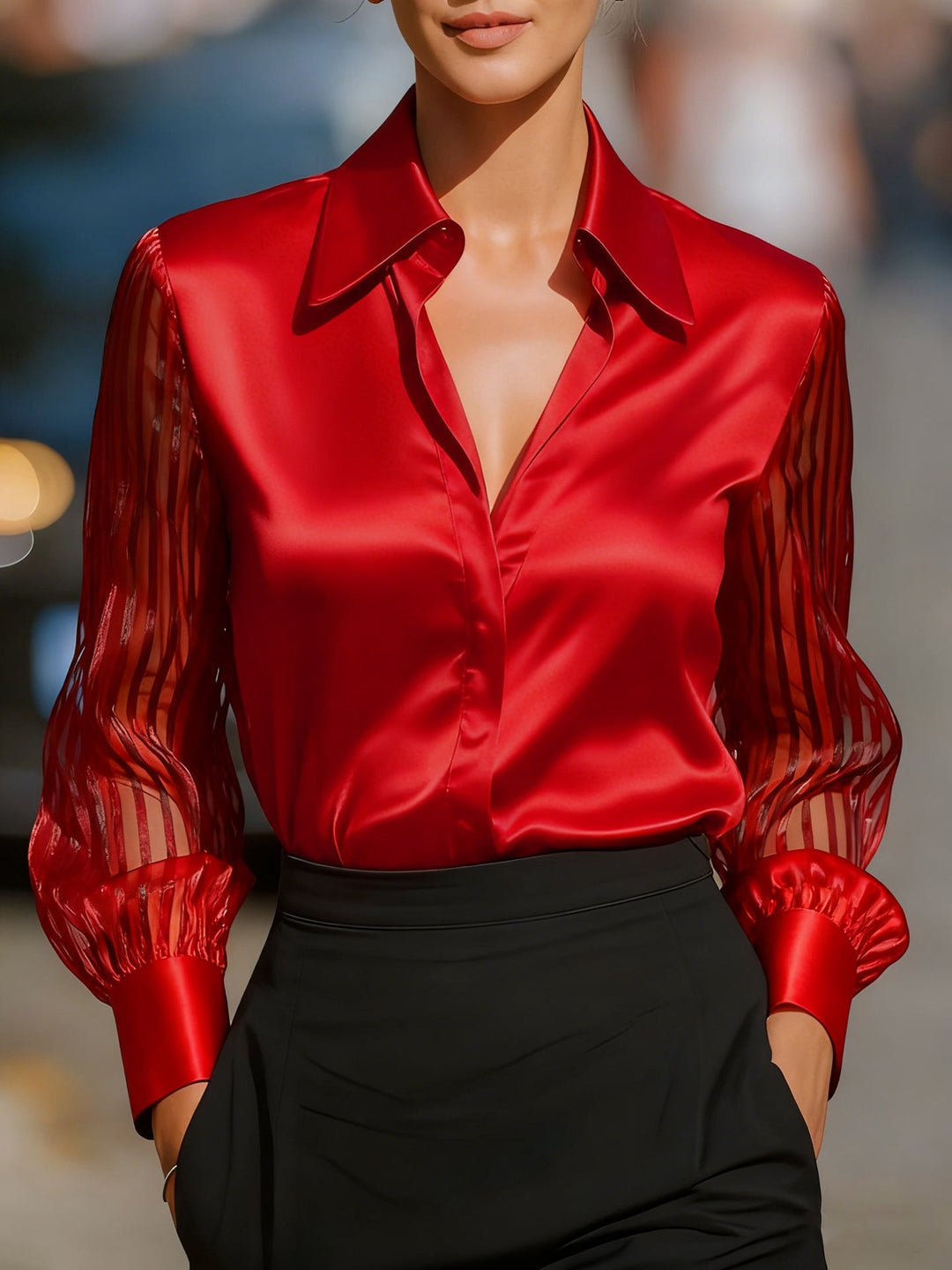 Close-up of a women's collared button-up blouse showing sheer long sleeves and button details.
