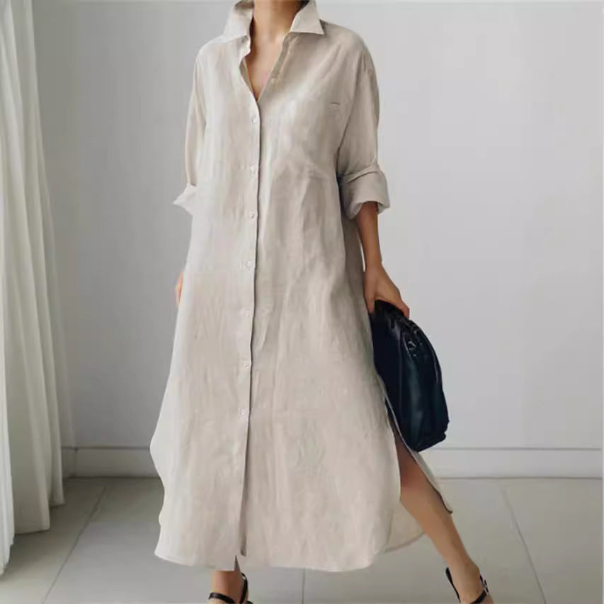 Women's collared roll-sleeve longline shirt midi dress, a versatile casual & elegant style.