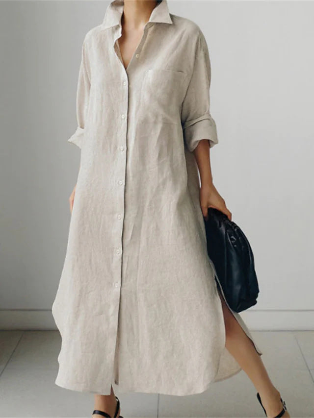 Versatile women's collared midi dress, perfect for everyday wear with roll-sleeve detailing.