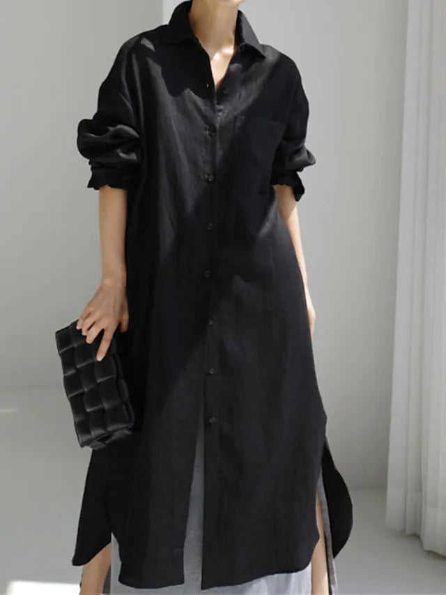 Fashionable women's collared roll-sleeve midi dress, offering a sophisticated yet relaxed look.