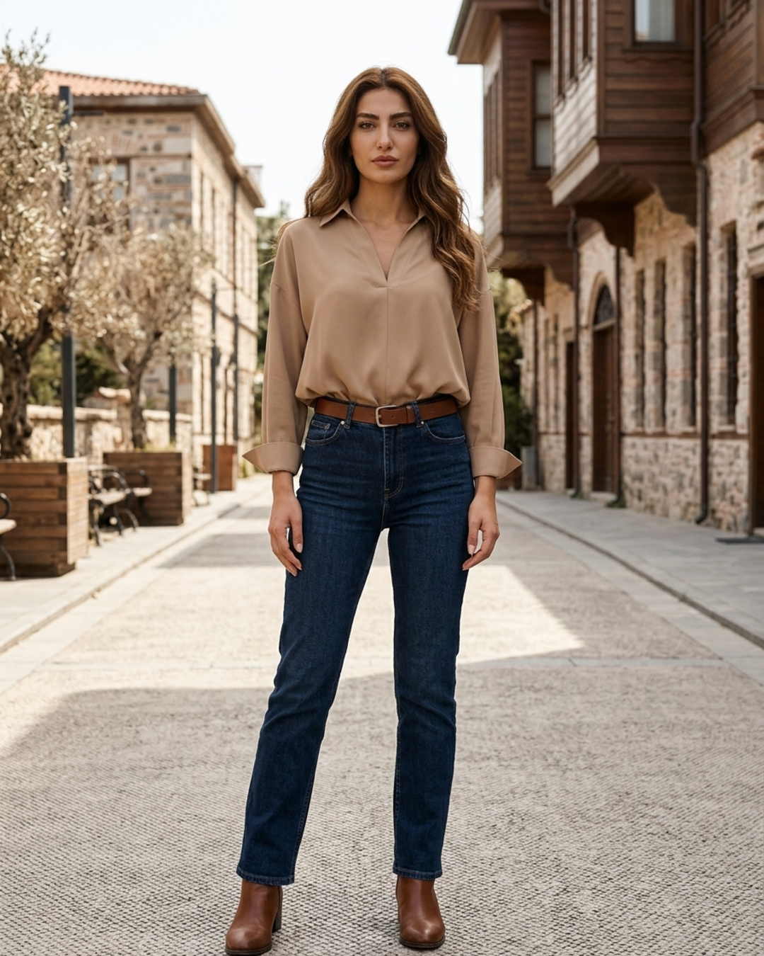 Stylish camel women's long sleeve V-neck collared shirt bodysuit for professional workwear fashion.