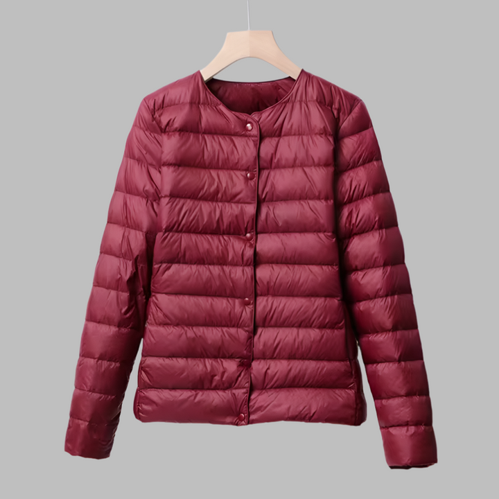 Casual women's ultralight puffer jacket, collarless and zip-up, in a chic burgundy, ideal for daily wear.