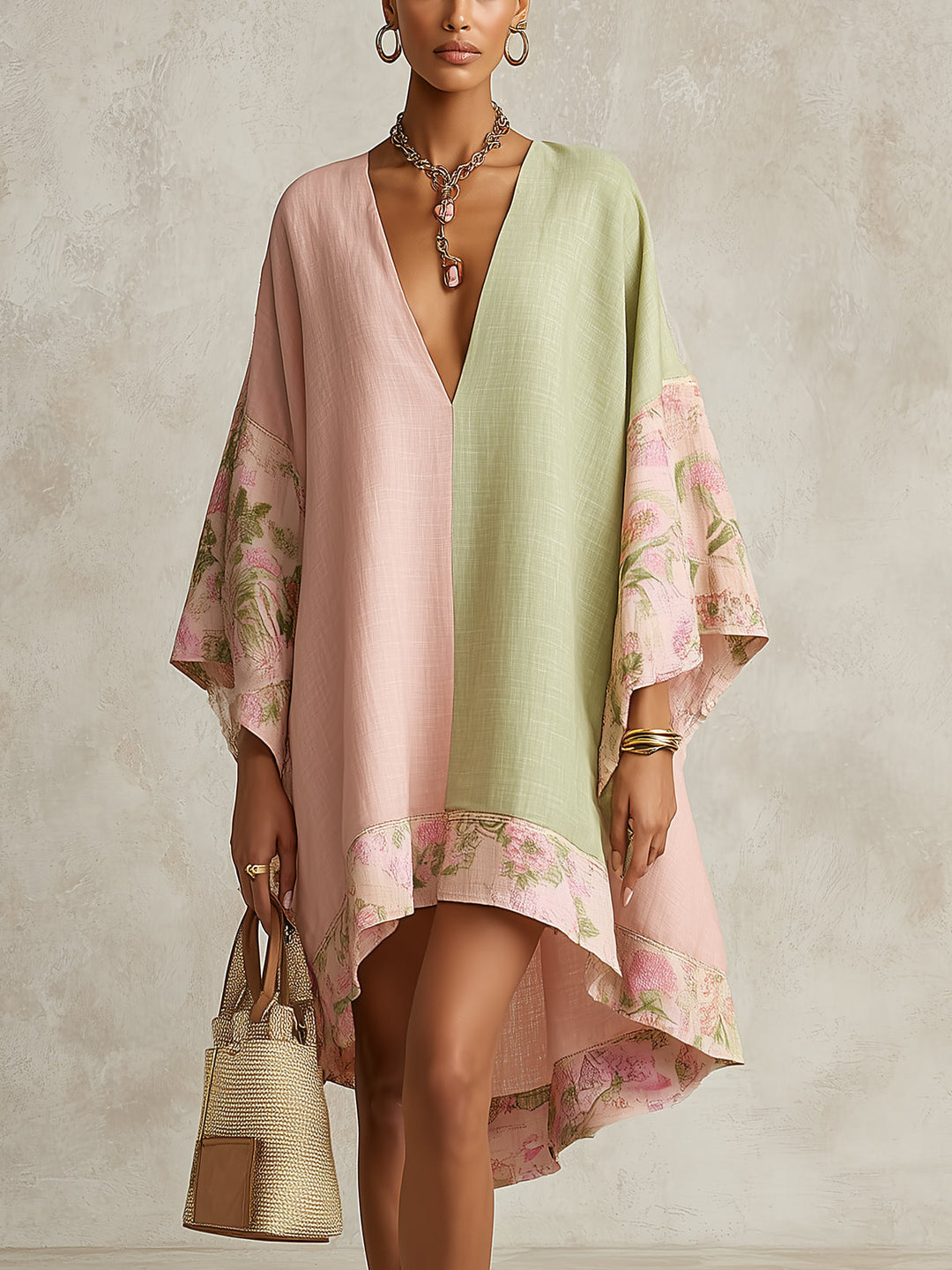 Women's color block floral kaftan maxi dress with flowing kimono sleeves, perfect for resort wear or beach vacation.
