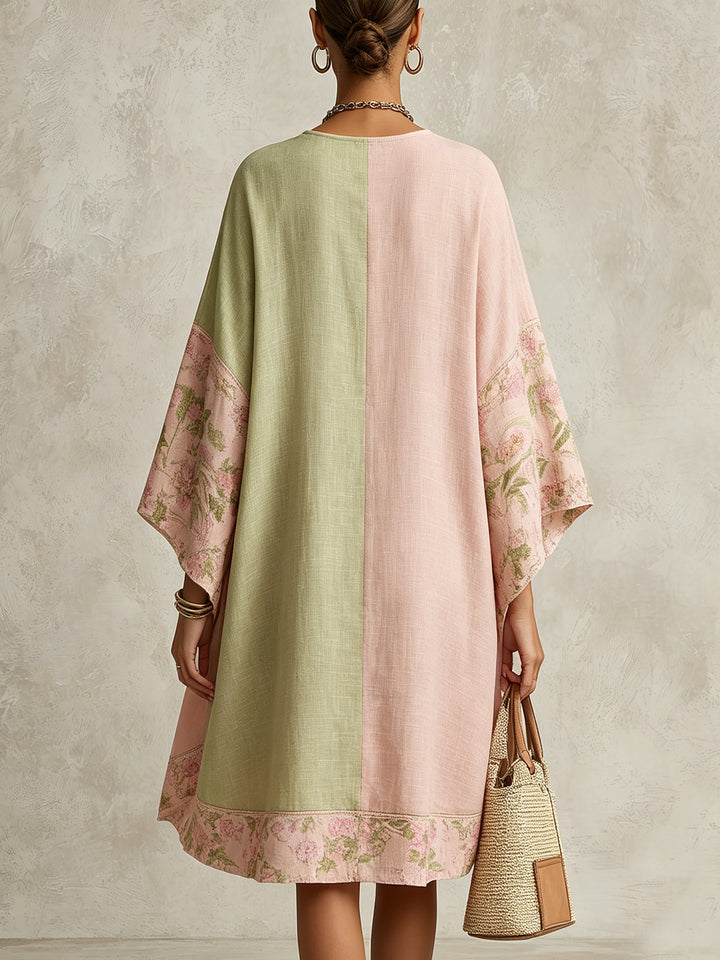 Boho floral kaftan maxi dress for women, featuring a chic color block design, v-neck, and comfortable kimono sleeves.