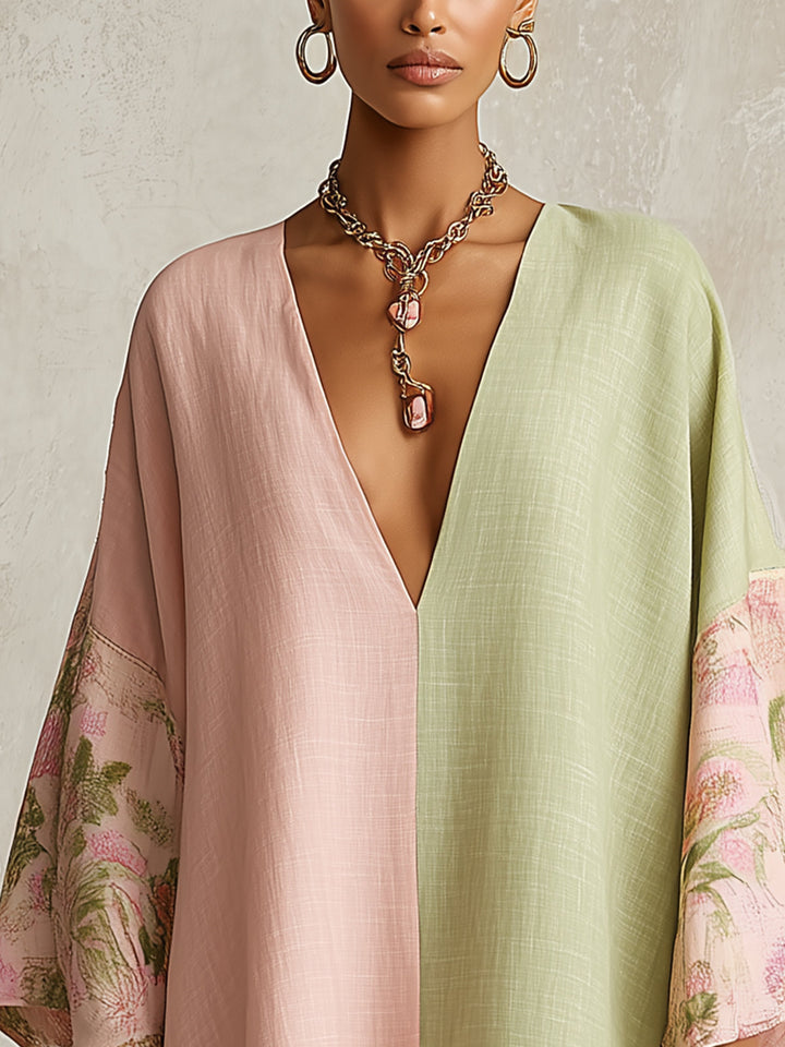 Effortless women's color block kaftan maxi dress with floral print, v-neck, and elegant kimono sleeves for resort.