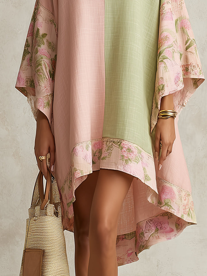 Women's effortless floral color block maxi kaftan dress with flowing kimono sleeves, ideal for beach vacation fashion.