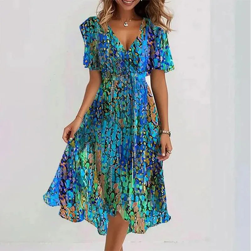 Elegant women's floral A-line midi dress featuring a flattering V-neck, ideal for comfortable summer wear.