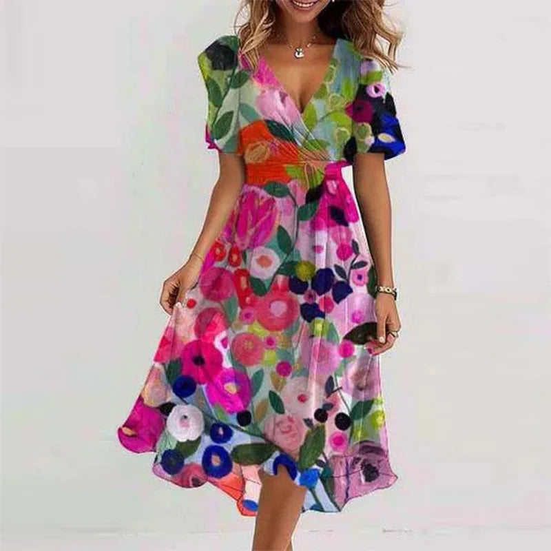 Casual women's short sleeve floral midi dress, A-line cut with V-neck, for effortless summer fashion.