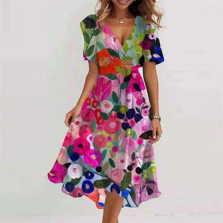 Casual women's short sleeve floral midi dress, A-line cut with V-neck, for effortless summer fashion.