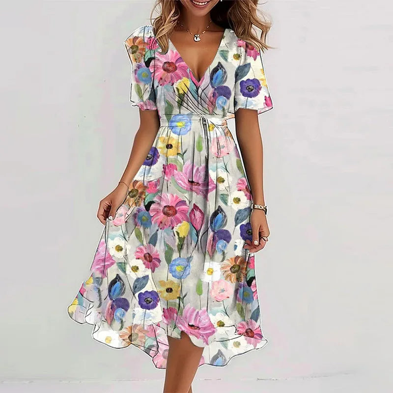 Comfortable women's knee-length floral A-line dress with V-neck, designed for breezy summer and vacation.