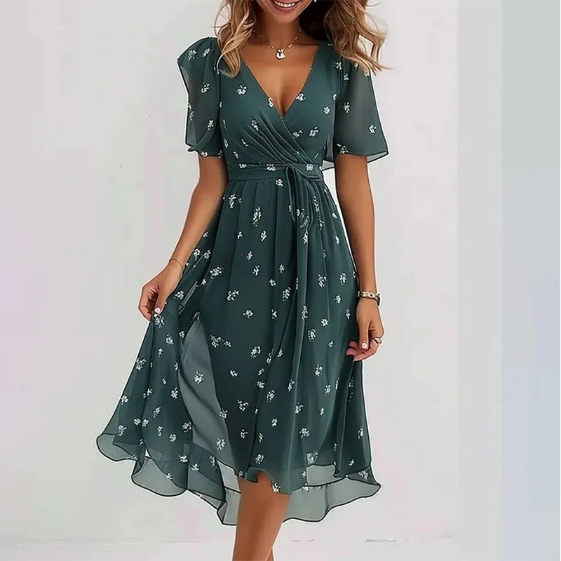 Stylish women's summer V-neck floral A-line midi dress, a versatile and elegant choice for any occasion.