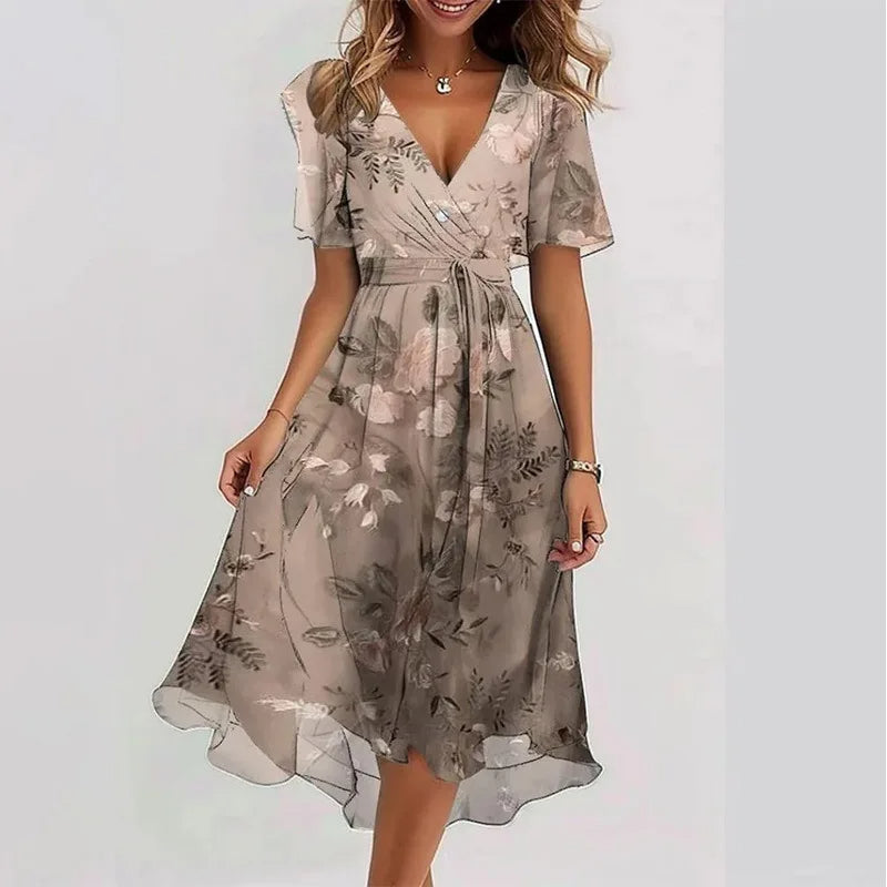 Fashionable women's floral midi A-line dress with V-neck, short sleeves, perfect for a relaxed summer day.