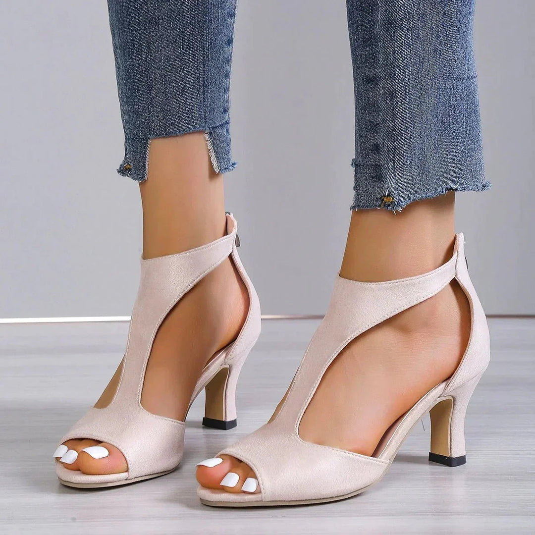 Elegant peep toe high heels for women. Stylish T-strap party shoes with orthopedic comfort for special occasions.