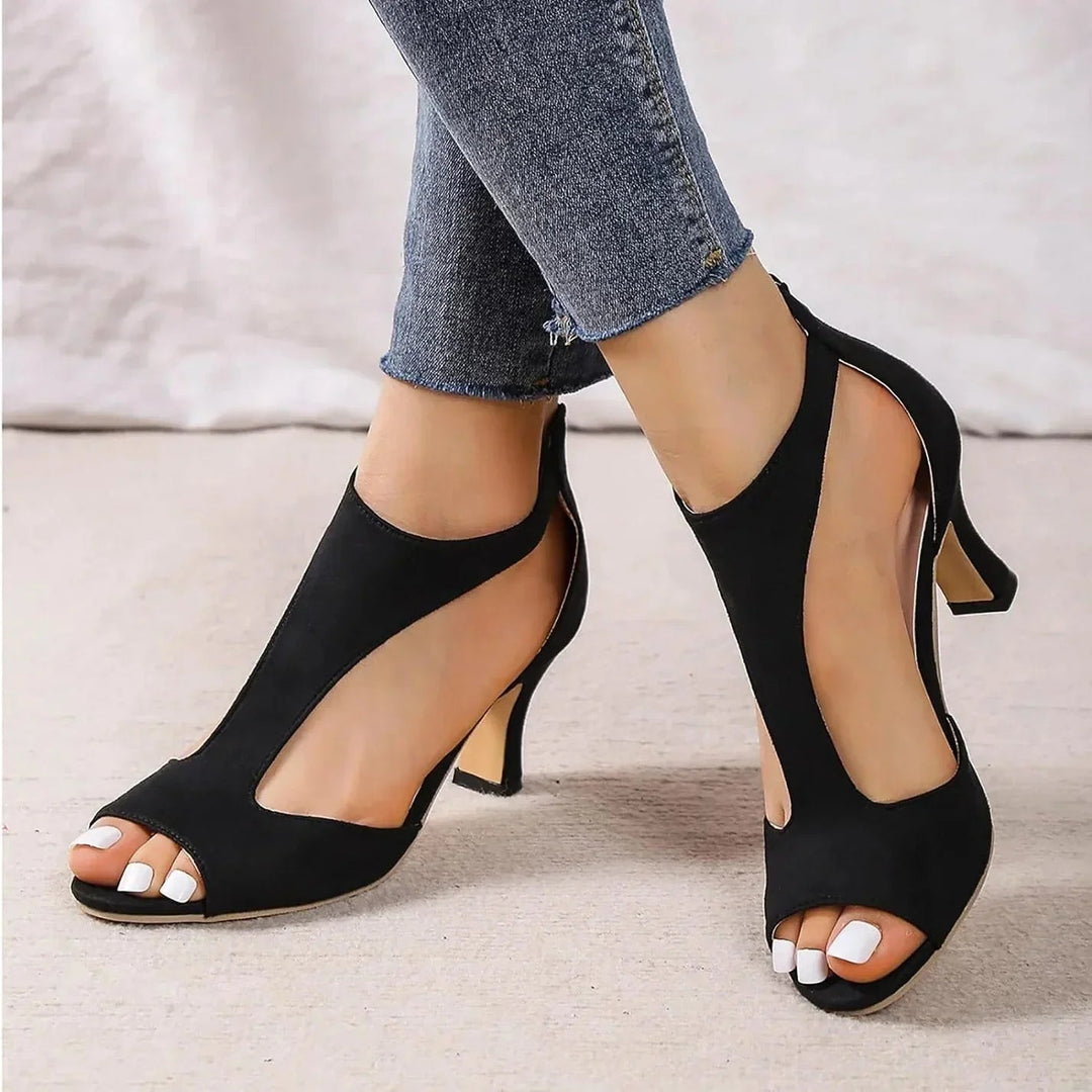 Women's cutout peep toe high heels. Versatile T-strap comfort shoes, perfect for spring/summer dress fashion.