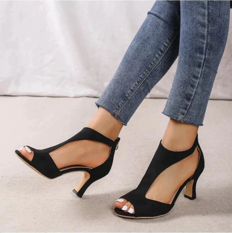 Sophisticated women's peep toe high heels. Orthopedic comfort and elegant T-strap design for dressy occasions.