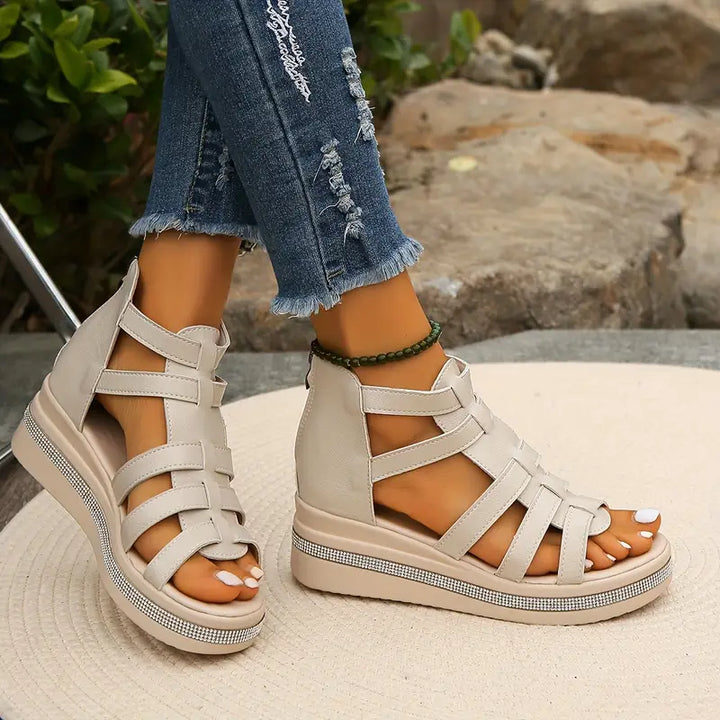 Women's adjustable strap comfort sandals, adorned with elegant rhinestones for summer style.